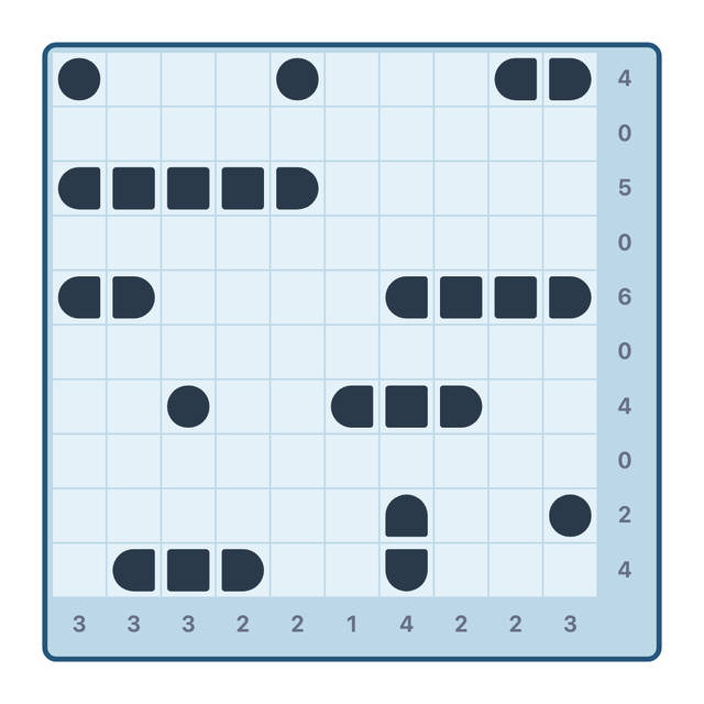 A solved Battleships puzzle