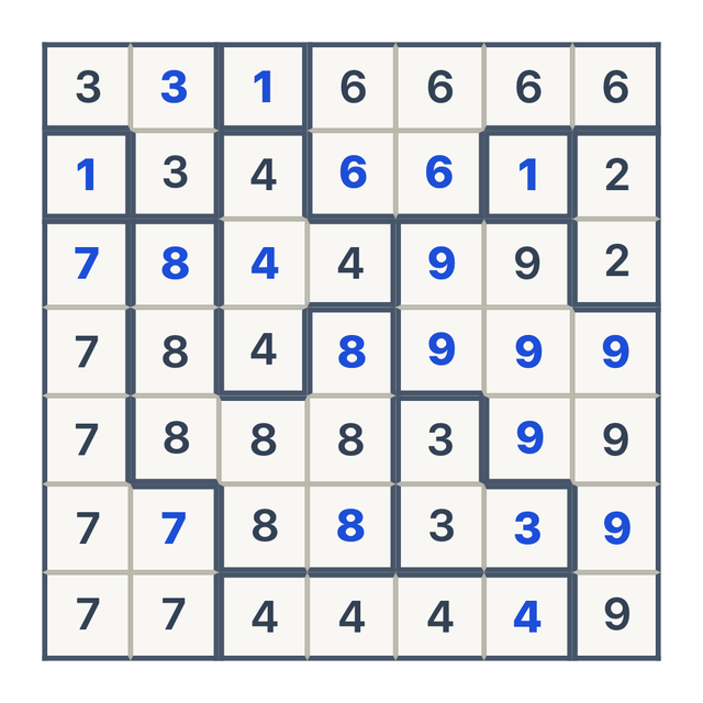 A solved Fillomino puzzle